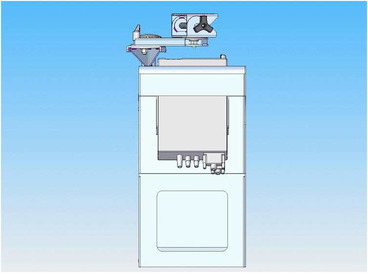 Front view of an industrial machine with attached control components and visible pipes against a blue gradient background.
