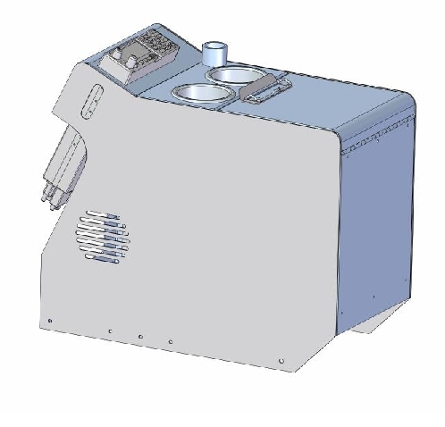 Computer-generated rendering of a box-shaped industrial machine with vents, control panel, and two circular openings on top.