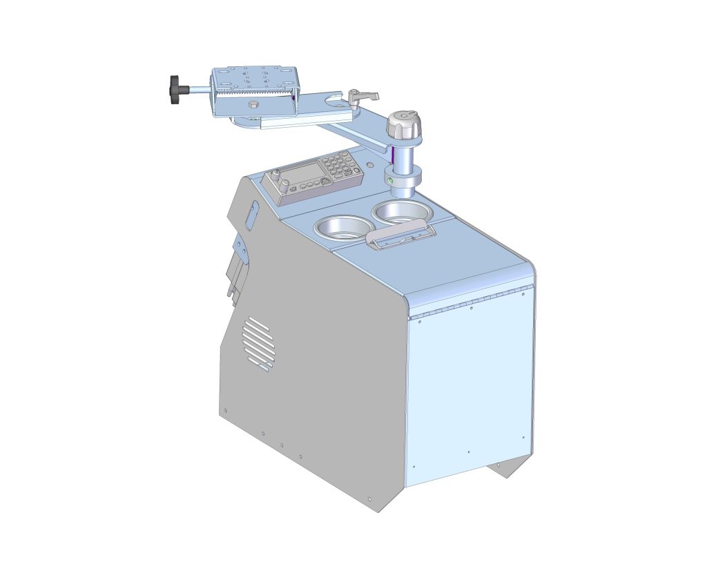 3D rendering of a compact industrial machine with control panel, adjustable arm, and two circular openings on top.