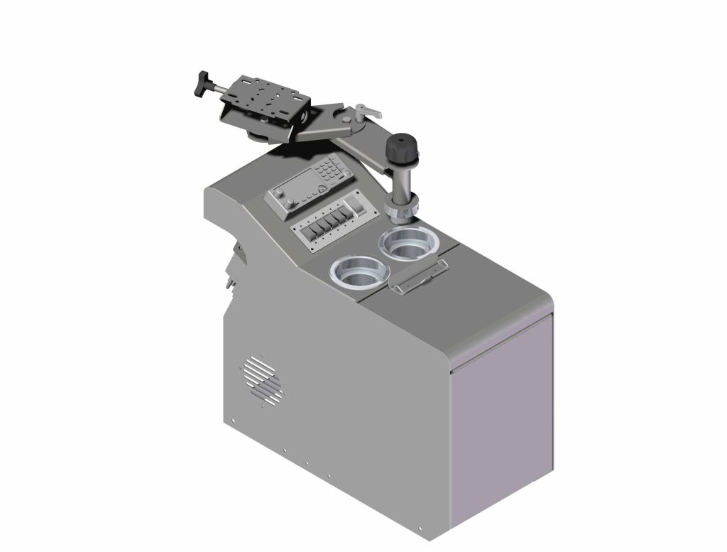 A gray laboratory instrument with a mounted arm, control panel, and two circular openings on the top surface.