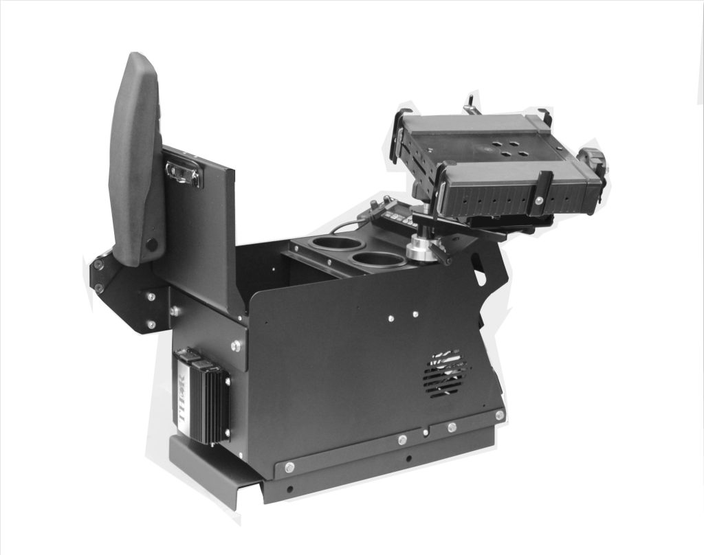 Black metal vehicle console with armrest, cup holders, and a mounted device holder, viewed at an angle.
