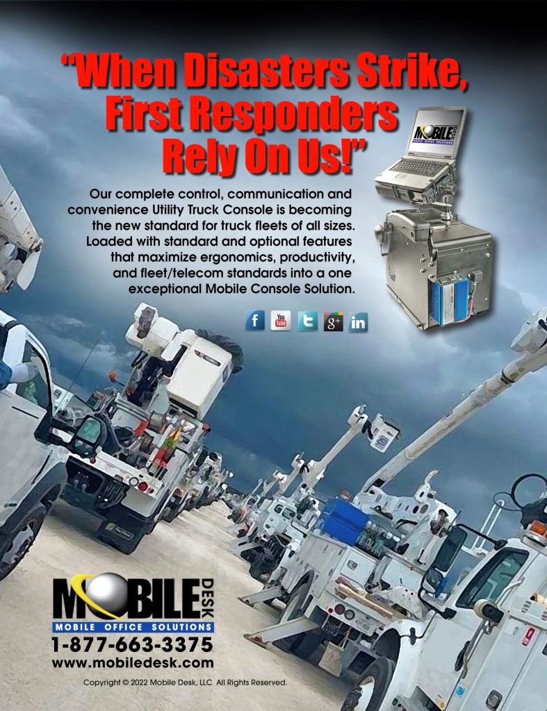 A line of utility trucks parked outside with an inset image of a truck console and emergency response ad text overlay.
