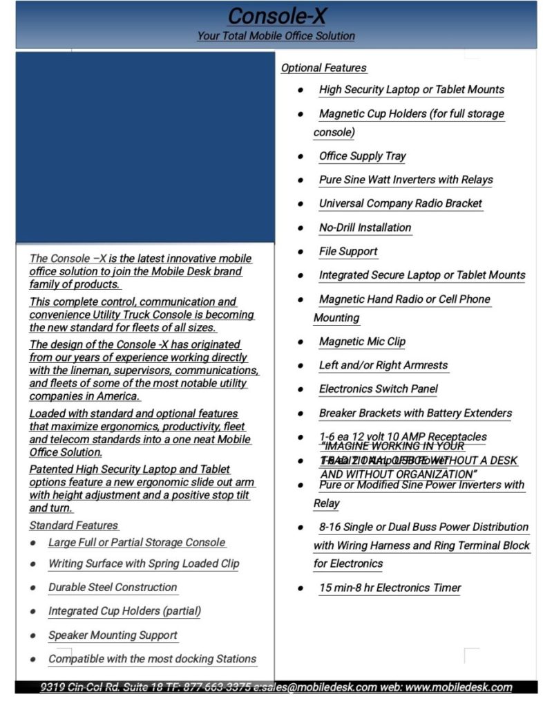 Brochure for Console-X mobile office solution, listing product features and contact information for MobileDesk.